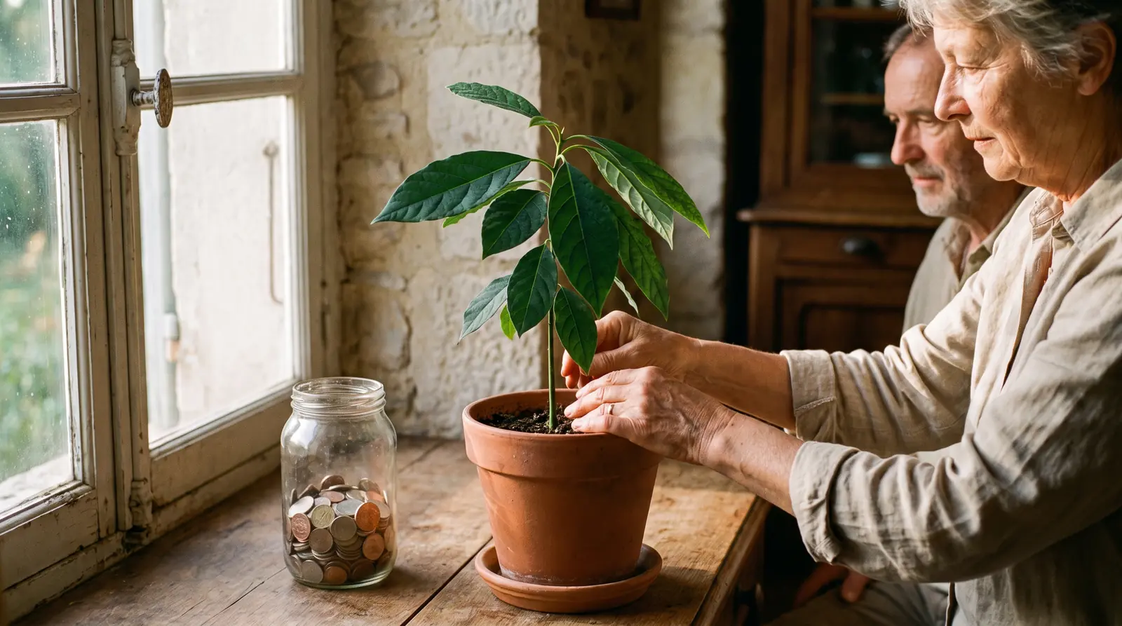 Young plant with glowing roots under a business’s shopfront, an image of organic SEO taking hold