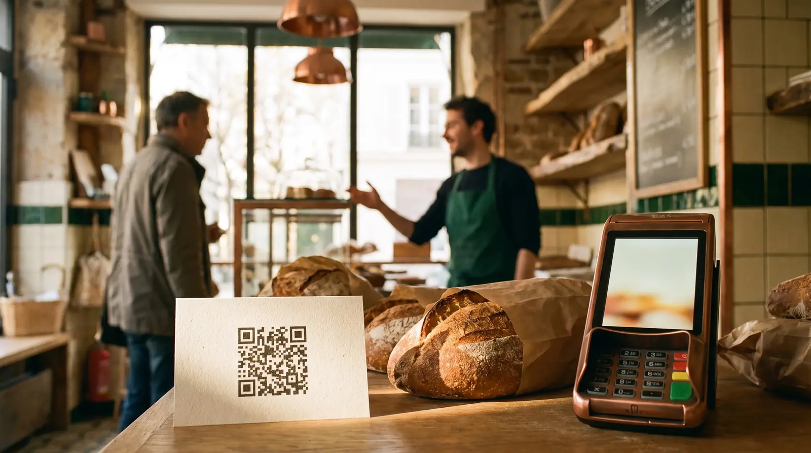 Card with a QR code placed next to a payment terminal to leave a Google review in a few seconds