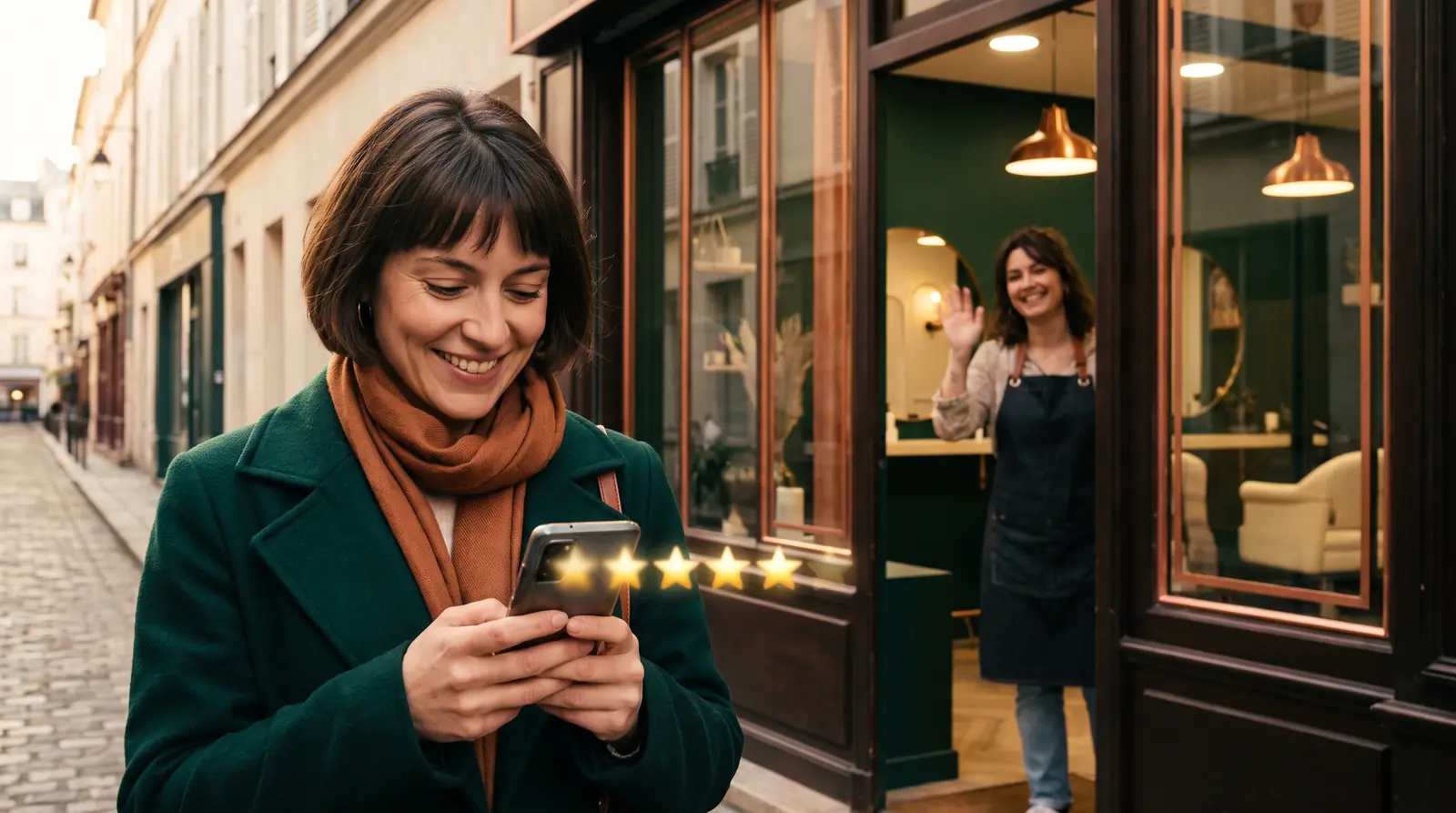 Tradesman handing his phone to a satisfied customer in front of a renovated house to ask for a Google review