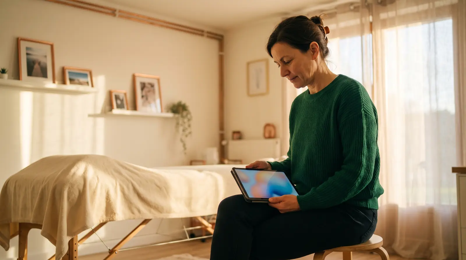 Physiotherapist reading on a tablet an AI assistant answer that recommends three practices