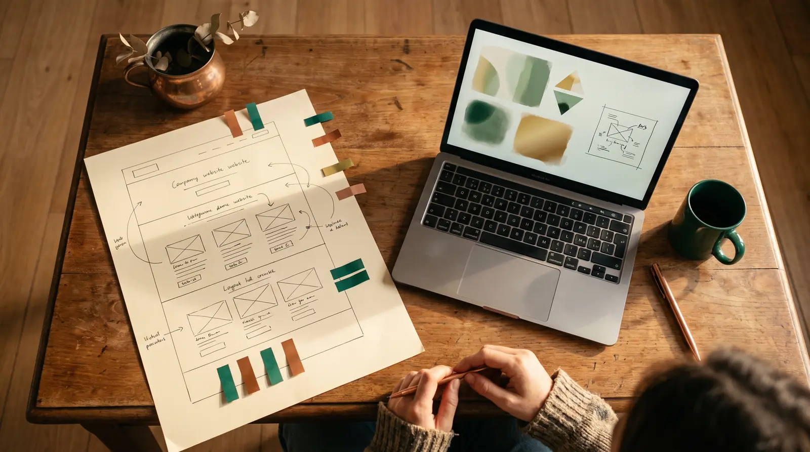 Annotated page mock-up and site structure diagram on a desk: preparing content for GEO