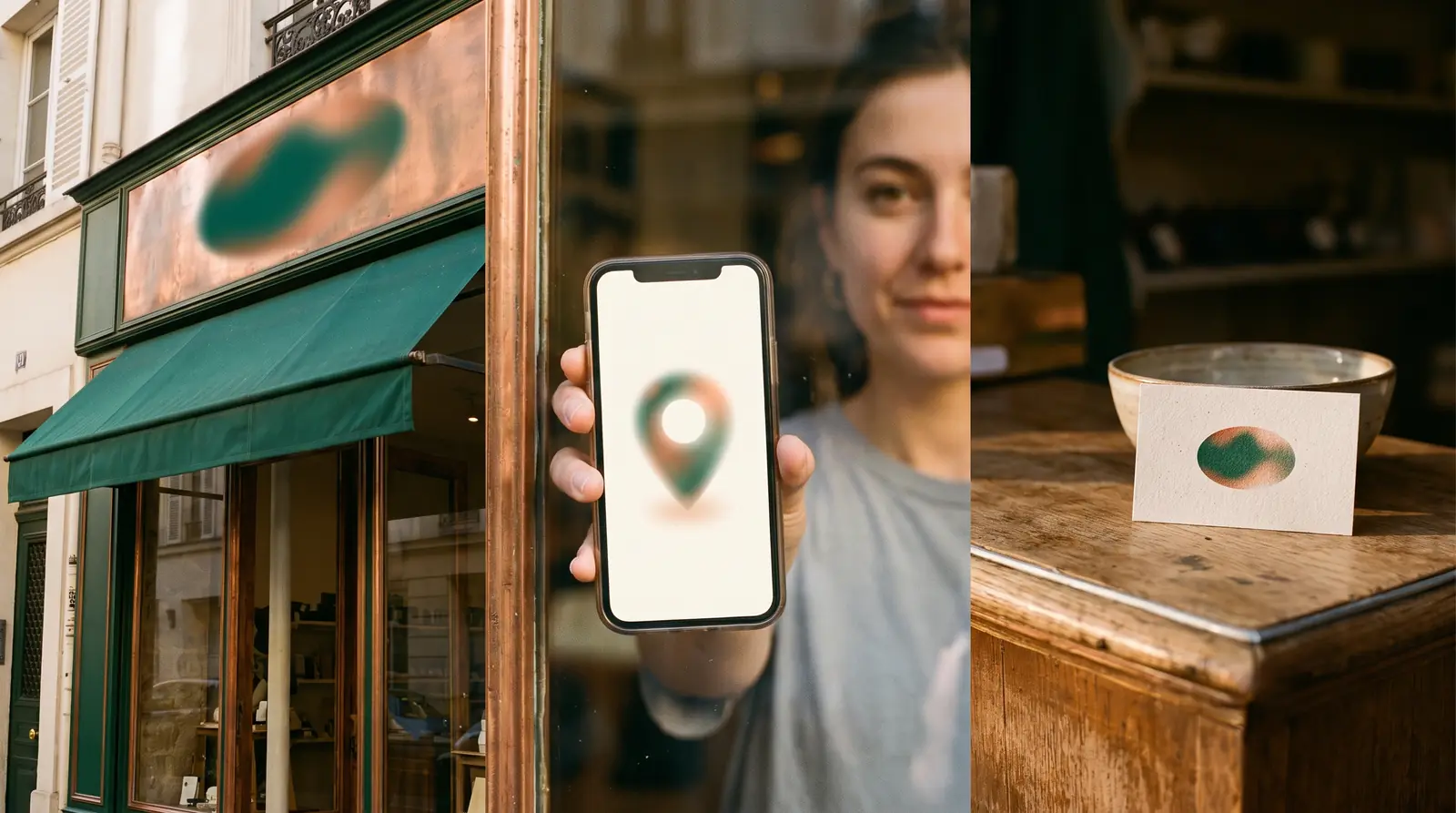 Shopfront, profile on a phone and business card with identical information, a consistency that helps GEO