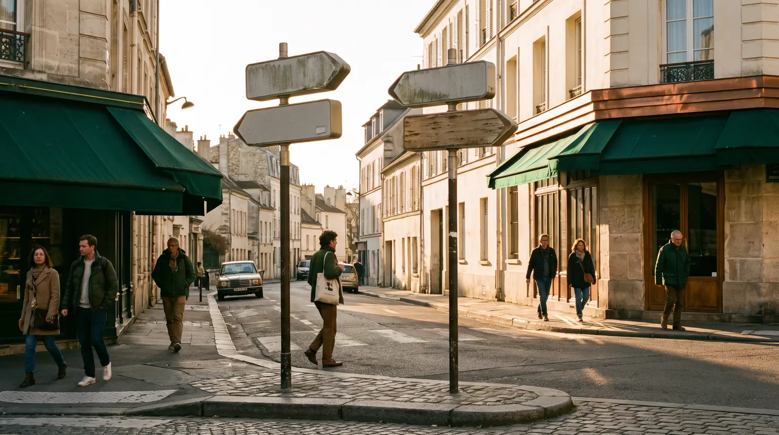 Crossroads with two signs, Google’s search magnifying glass and an AI assistant’s speech bubble