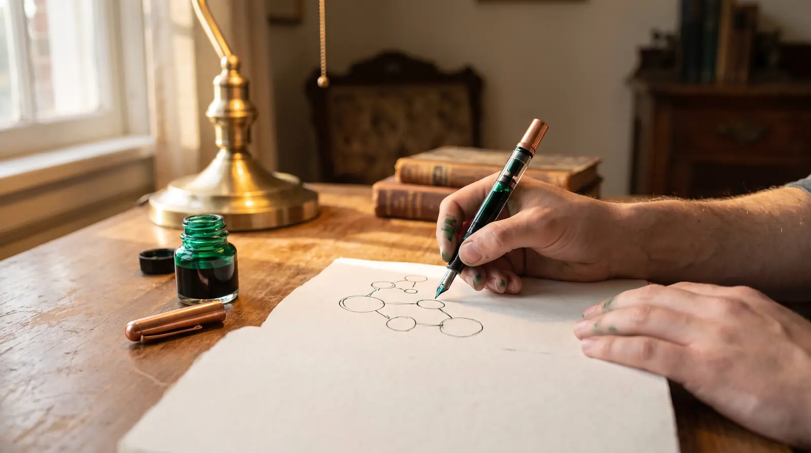 Hands drawing connected circles in a notebook, a sketch of the Click First method