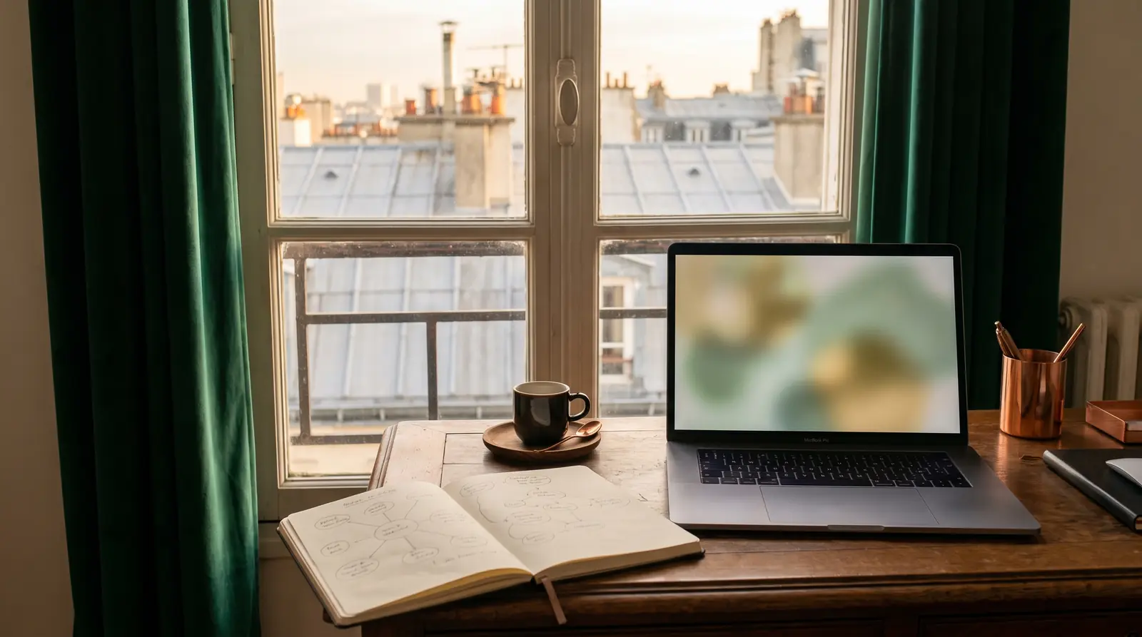 SEO agency desk by a window overlooking the rooftops: computer, sketchbook and coffee