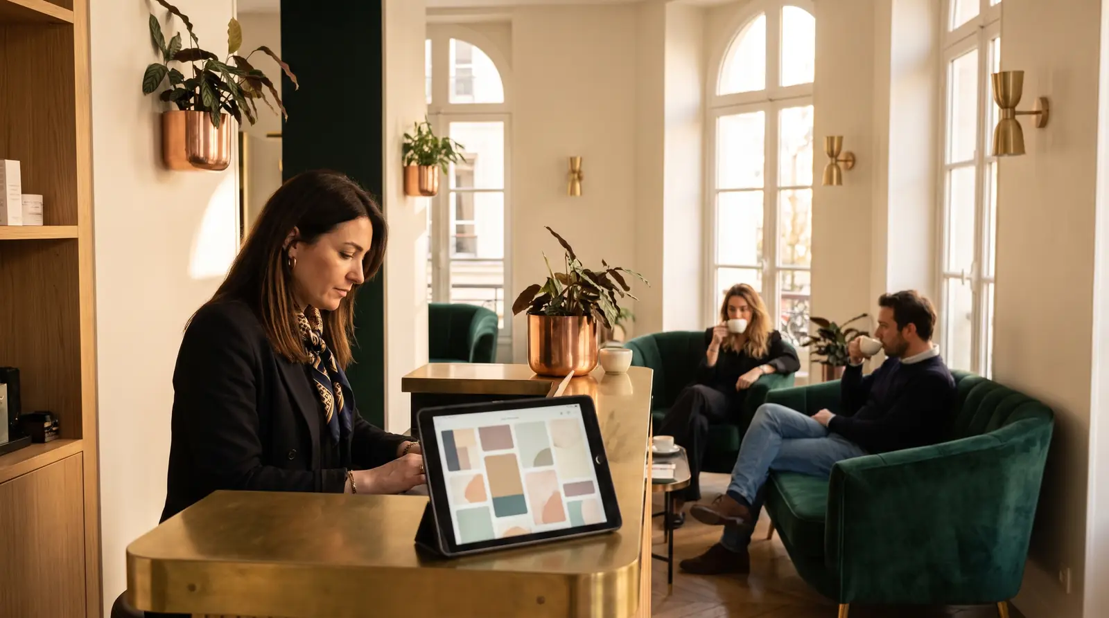 Salon manager organizing appointments on a tablet with CRM automation