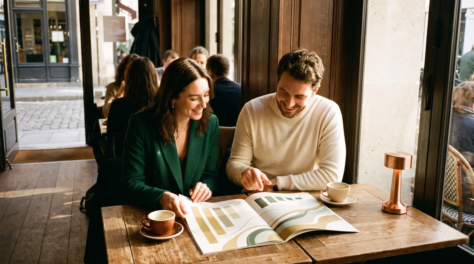 SEO consultant and café manager reviewing the monthly visibility report together