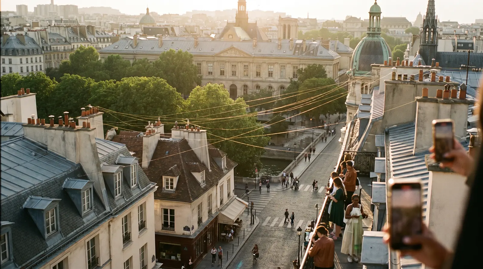 Paris rooftops at sunset connected by golden lines, an image of the Click First method