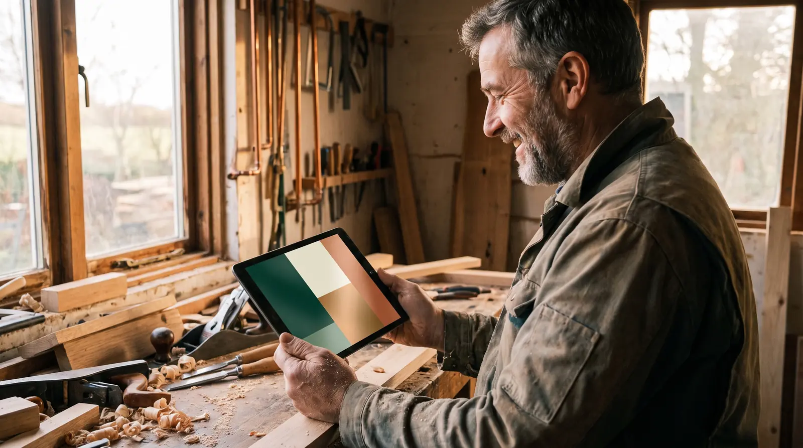Carpenter discovering his workshop’s new website on a tablet
