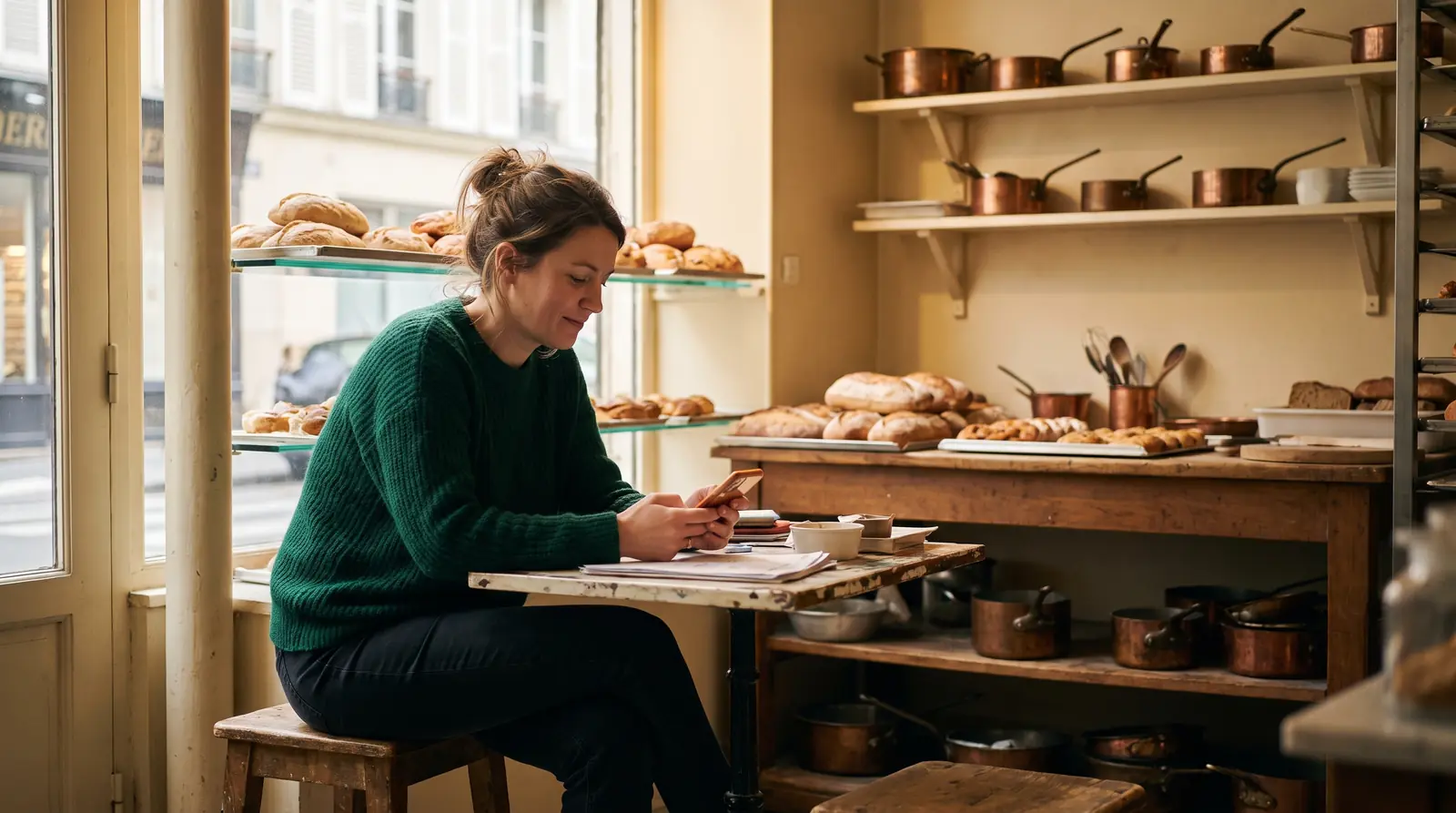 Baker replying to her customers’ Google reviews before opening