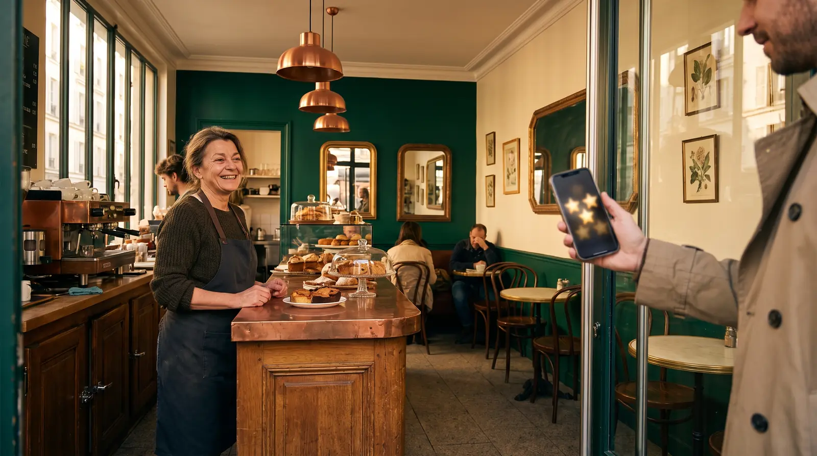 Satisfied customer leaving a five-star Google review as she leaves a café