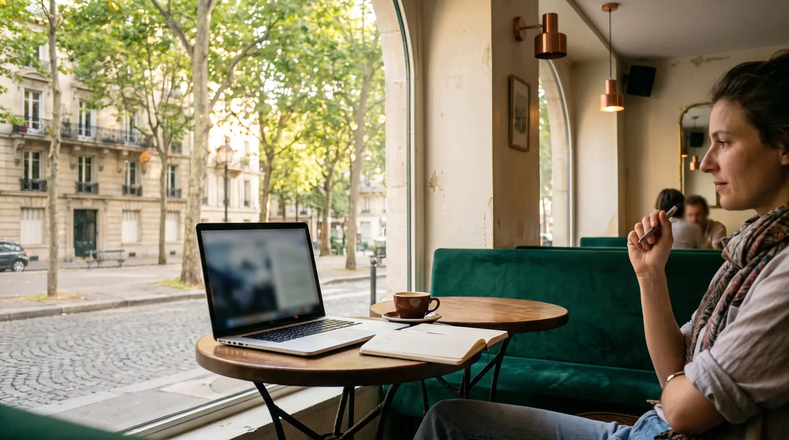 Laptop on a café table overlooking a tree-lined street, remote work from Malakoff
