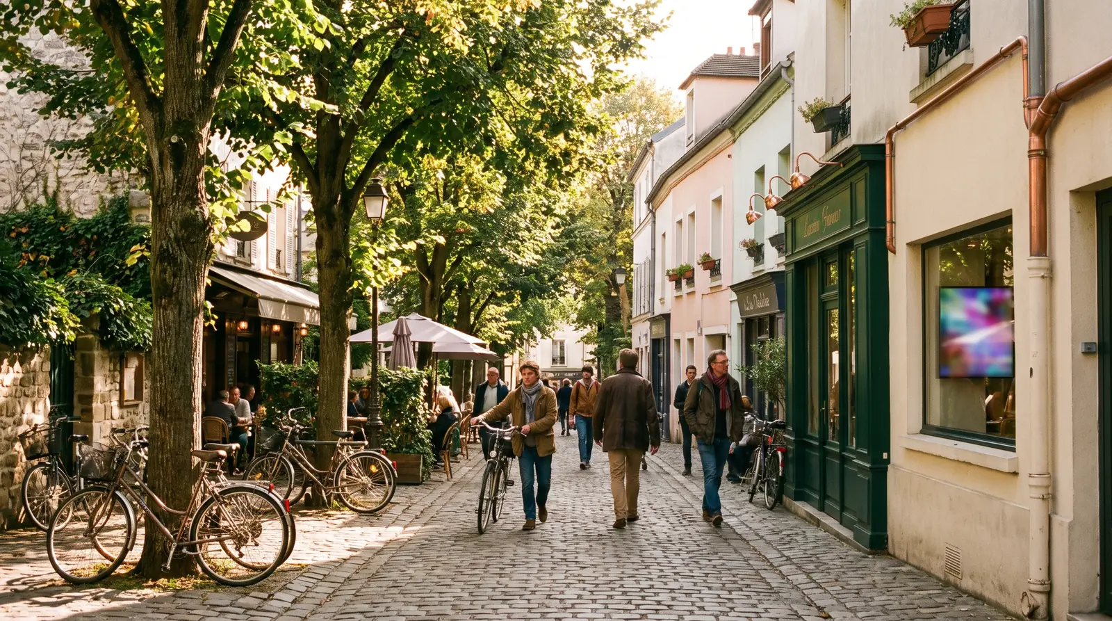 Tree-lined lane with a café terrace, the atmosphere of Malakoff and the Paris inner suburbs