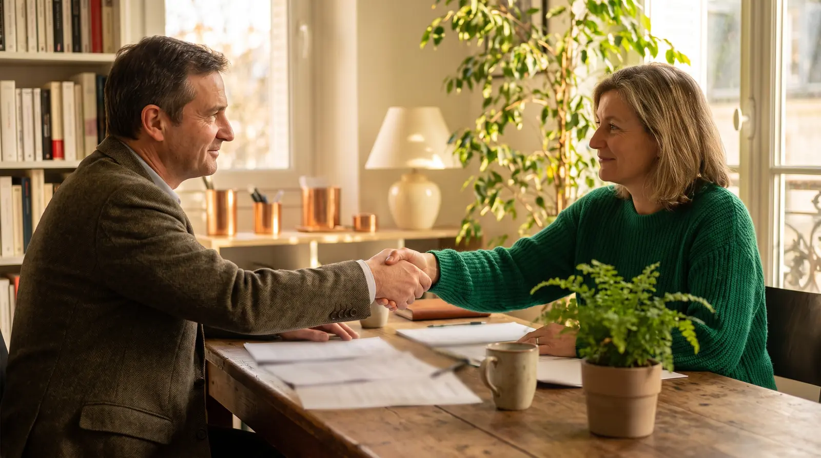 Two people shaking hands over a proposal with published prices