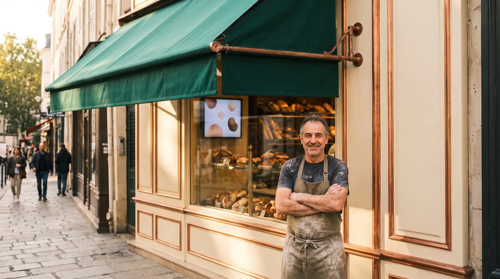 Baker standing proudly in front of his renovated shopfront, an image of a successful web project