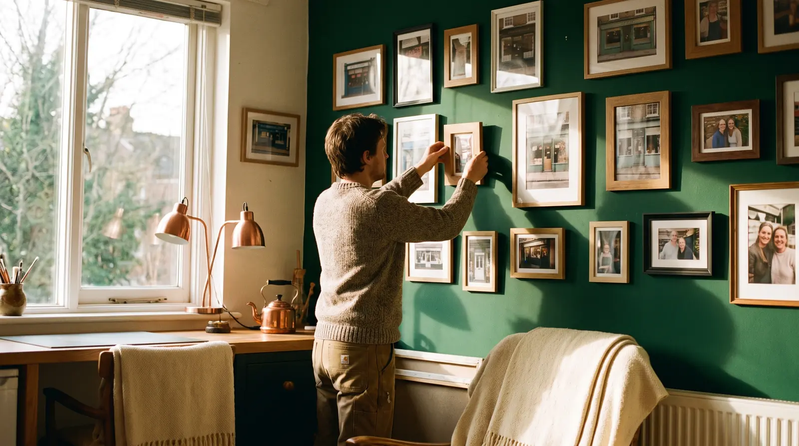 Wall of framed photos of shops and their owners, an image of our web work