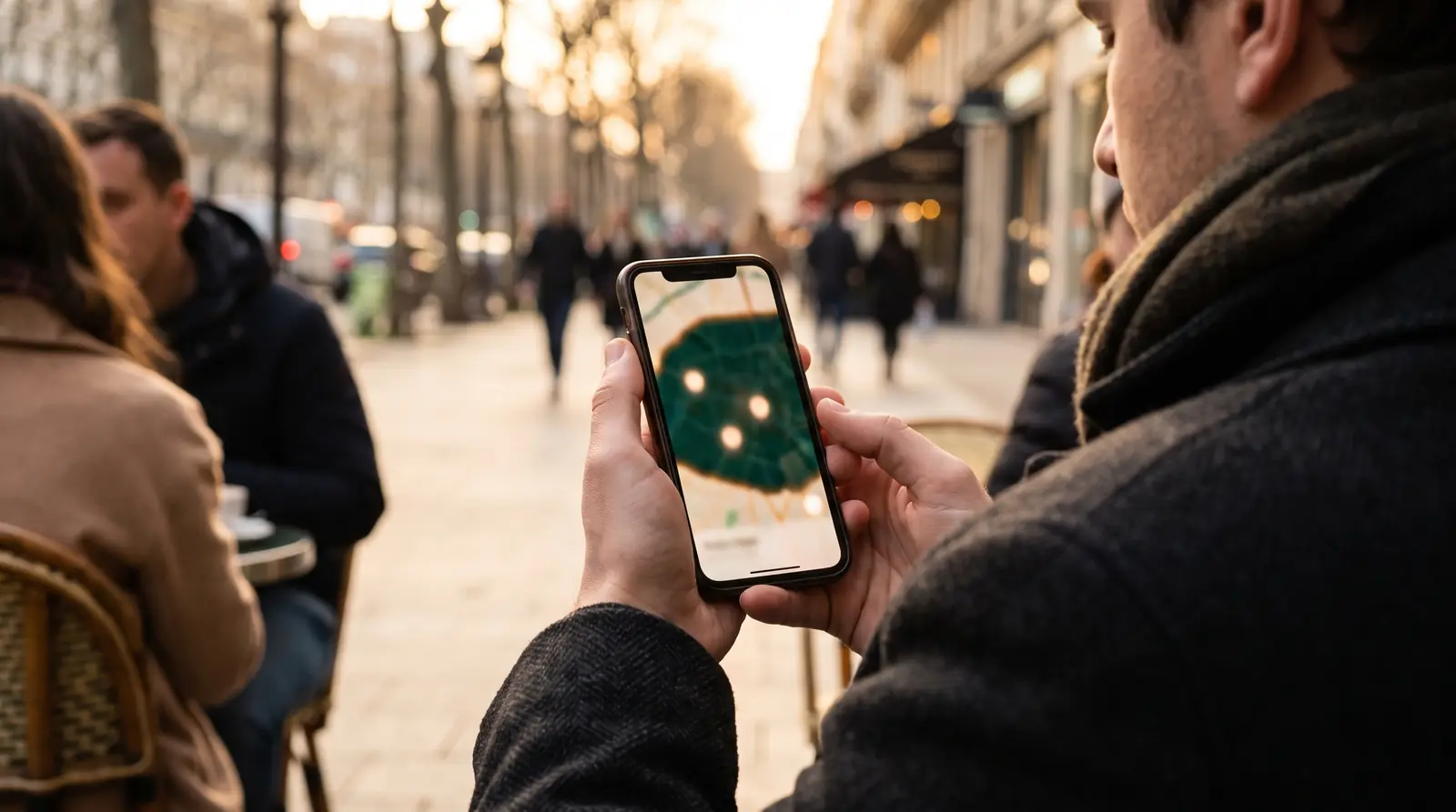 Person at a café terrace looking for a nearby business on the Google map on their phone