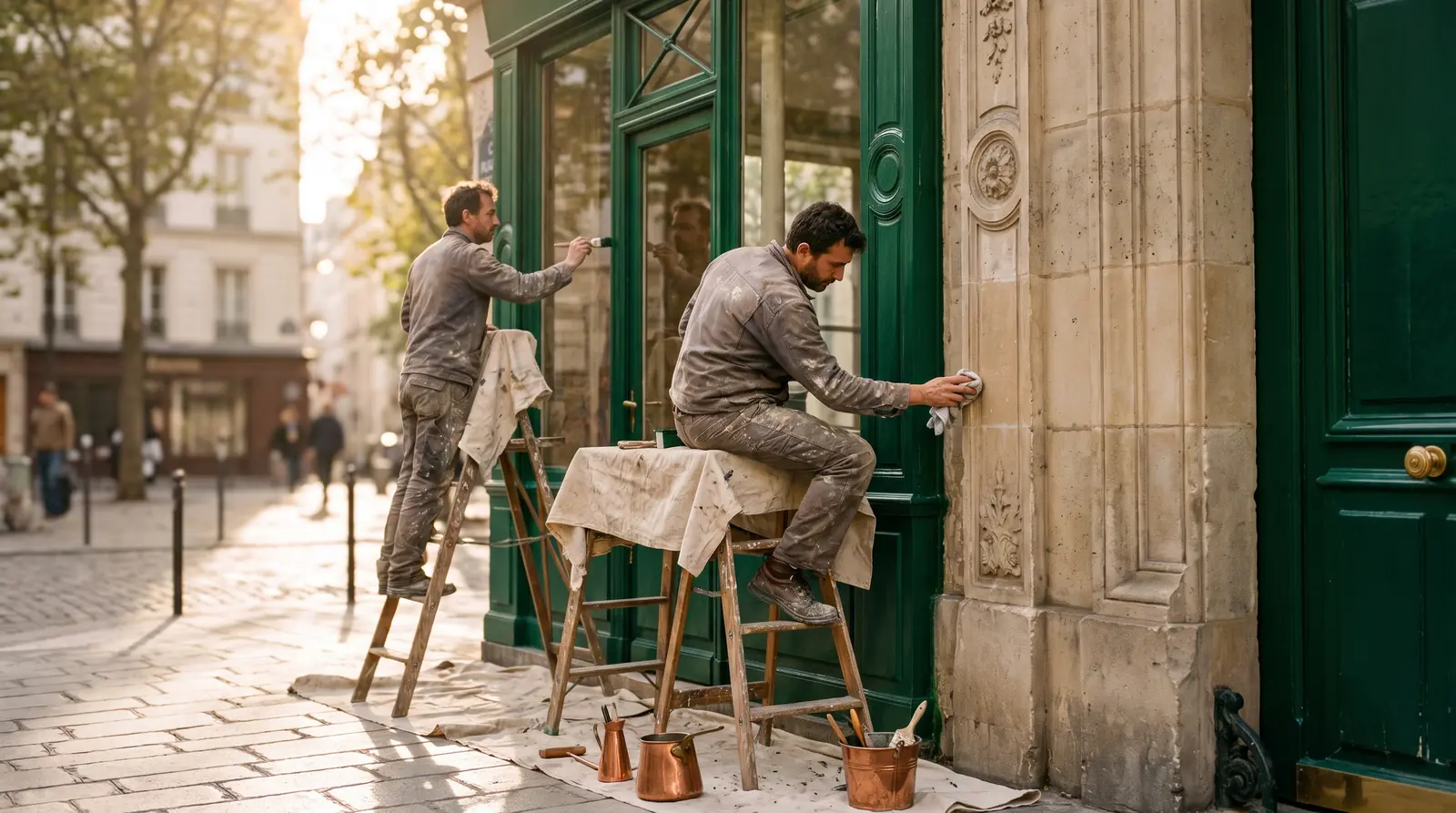 Craftsmen restoring an old shopfront while keeping the original stone, an image of a website redesign
