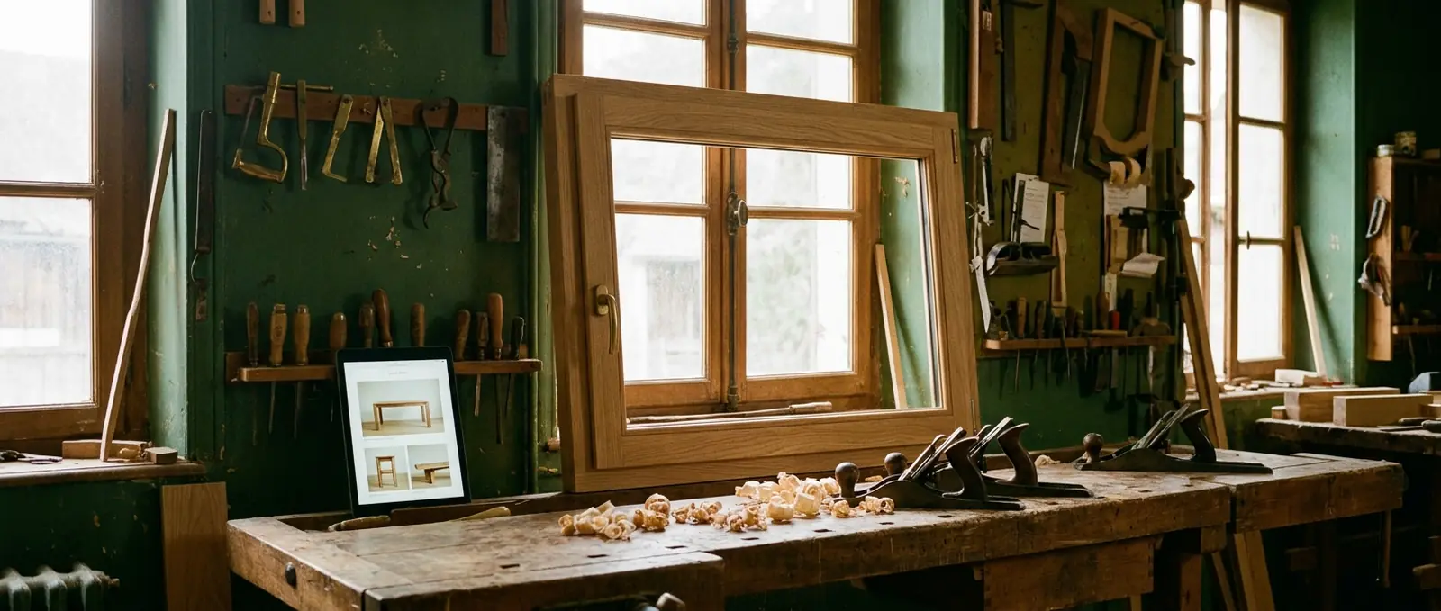 Carpentry workshop where a tablet shows the craftsman’s website and past jobs