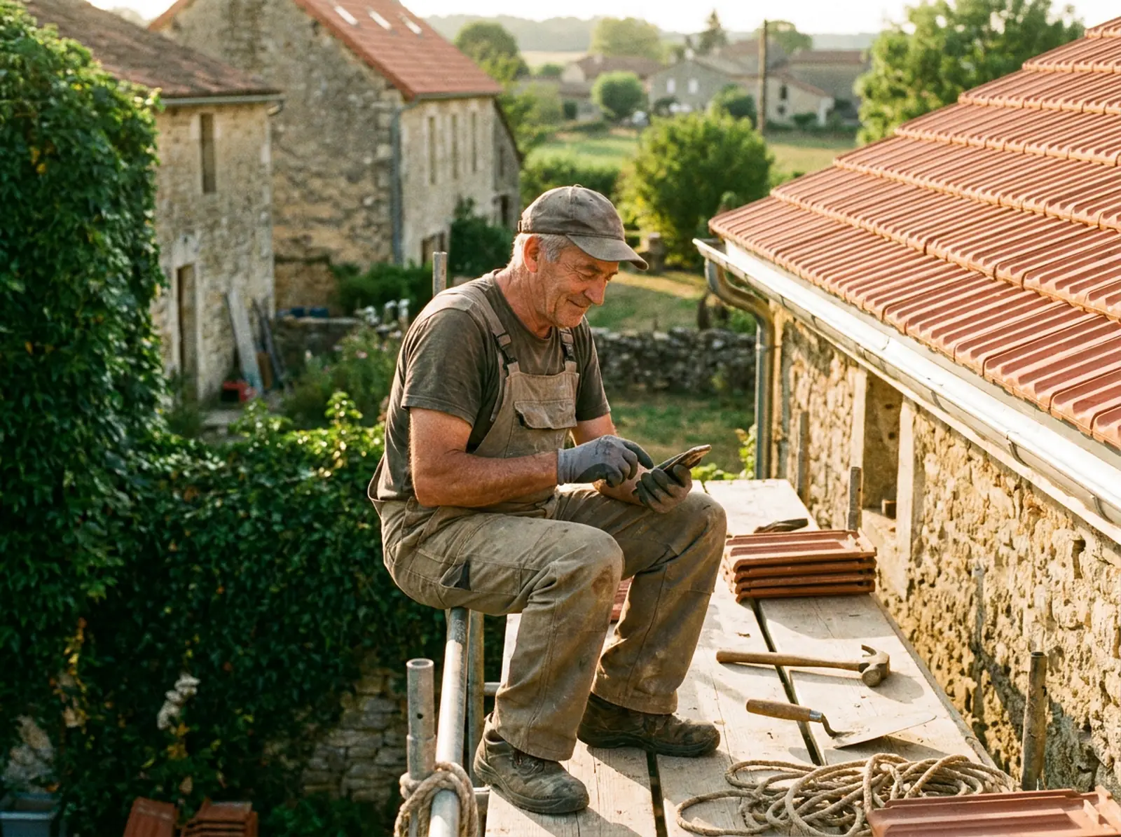 Roofer on scaffolding checking his phone next to a renovated tiled roof