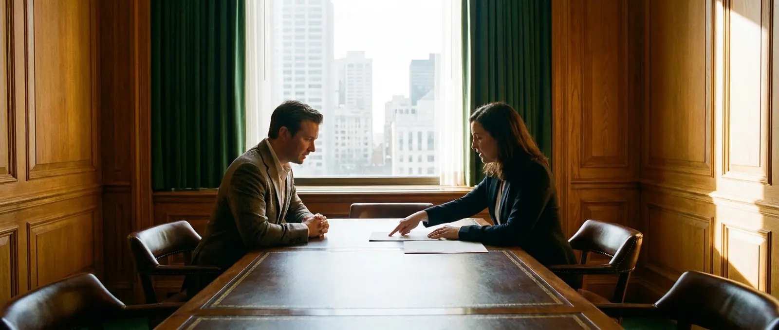 Lawyer explaining a document to her client in a bright meeting room