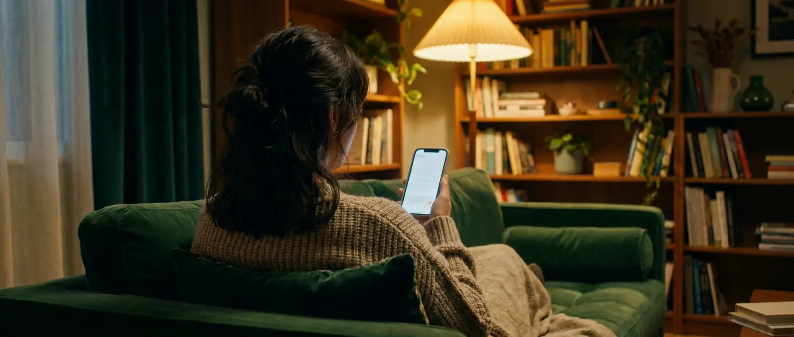 Woman booking a therapy appointment on her phone, in the evening, in her living room