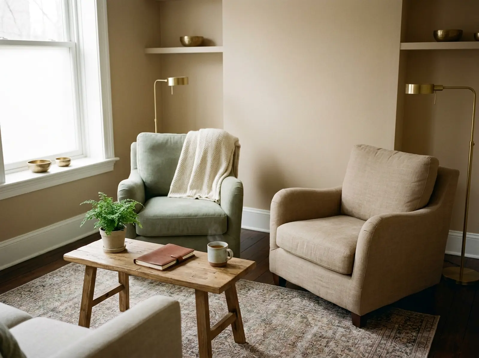 Calm therapist’s office with two armchairs and a cup of tea