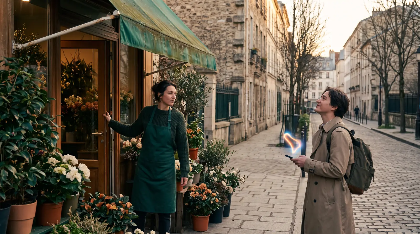 Florist opening her shop while a passer-by finds it on the Google map on her phone