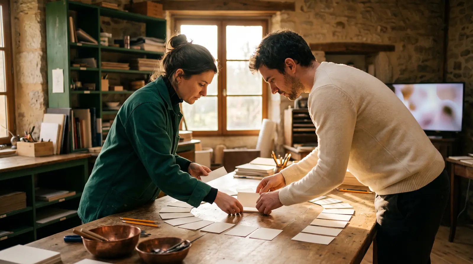 Shop owner and consultant arranging cards to build a StoryBrand message