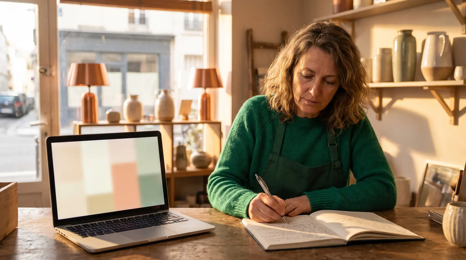 Shop owner writing clear answers to her customers’ questions, easy for AI assistants to cite