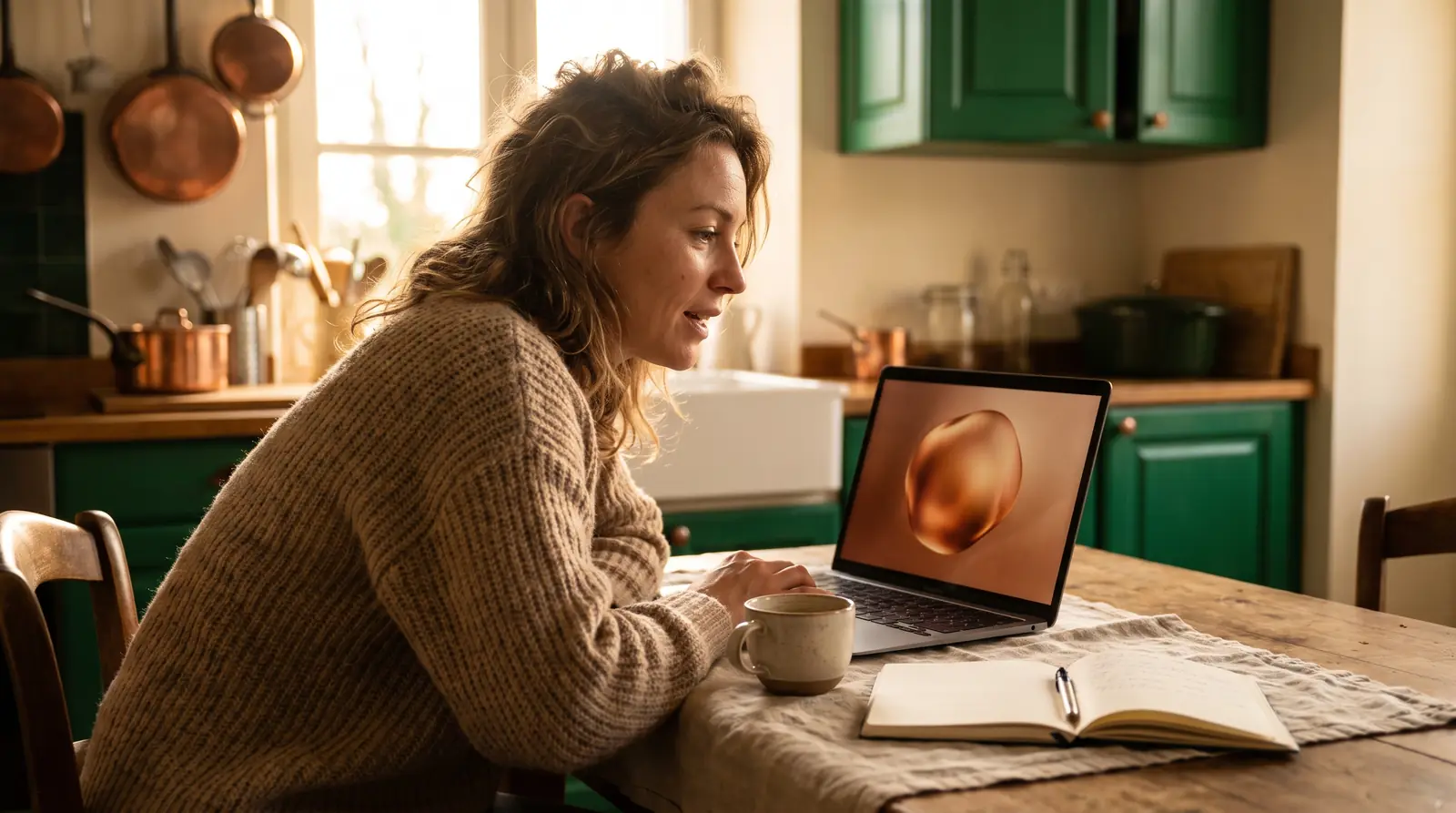 Woman asking an AI assistant a question on her computer, in her kitchen